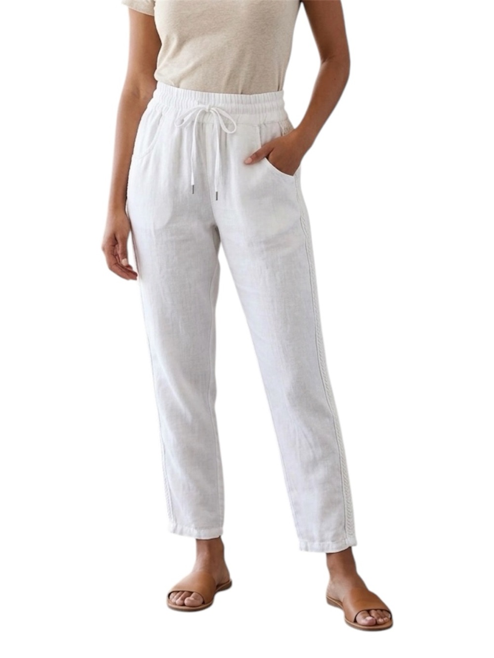 Elissia White 100% Linen White Drawstring Pants With Sequin Details Size Small
